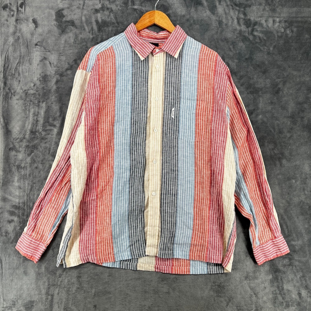 Vintage Faconnable Linen Shirt Mens XL Colorblock Long Sleeve Button Up Casual